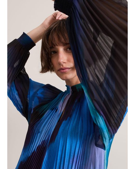 Phase Eight Blue Eleanor Abstract Pleat Blouse