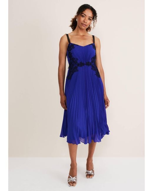 Phase Eight Blue Tiffany Lace Pleated Midi Dress
