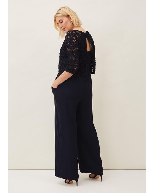 Phase Eight Blue Elodie Wide Leg Lace Overlay Jumpsuit