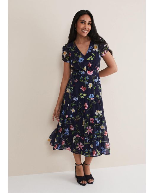 Phase Eight Blue Petite Lola Floral Tiered Midi Dress
