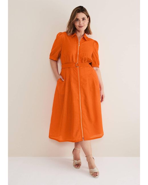 Phase Eight 's Carey Orange Checked Textured Midi Dress