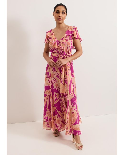 Phase Eight Pink Petite Dinara Printed Frill Detail Maxi Dress