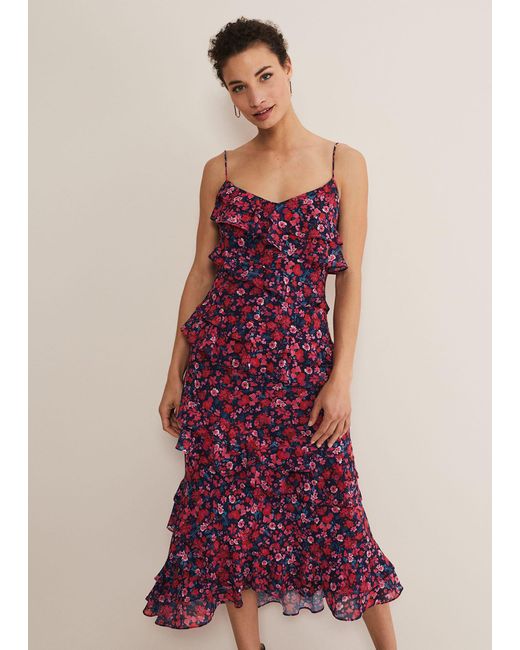 Phase Eight Red Ballie Floral Ruffled Midi Dress