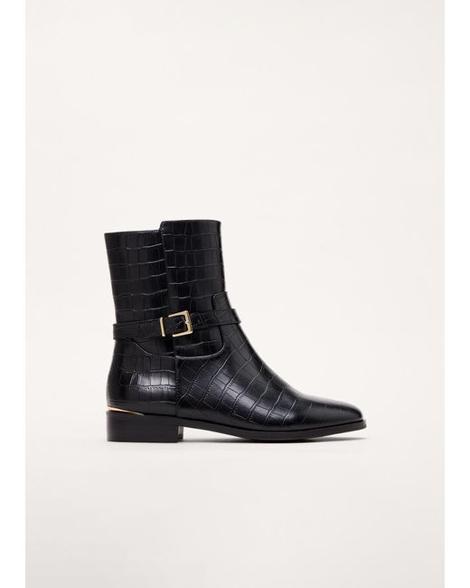 Phase Eight Black Leather Textured Flat Ankle Boot