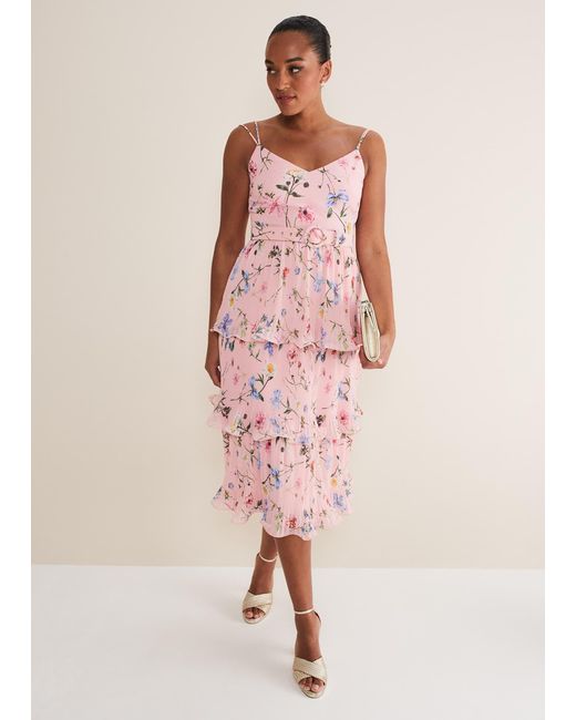 Phase Eight Pink 's River Floral Tiered Midi Dress