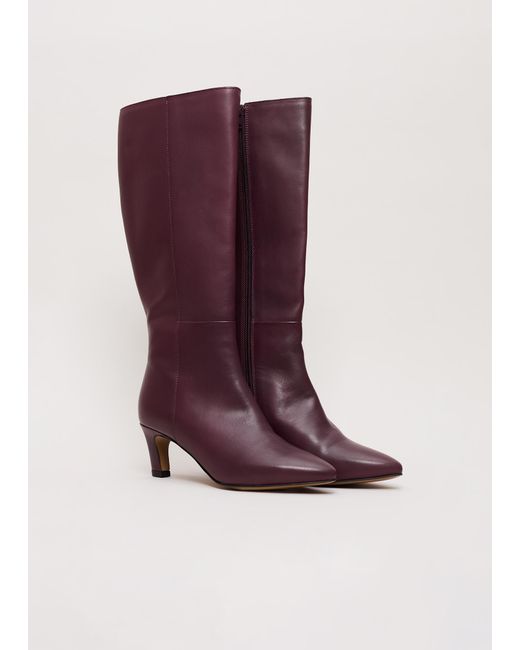 Phase Eight Purple Leather Knee High Low Heeled Boots