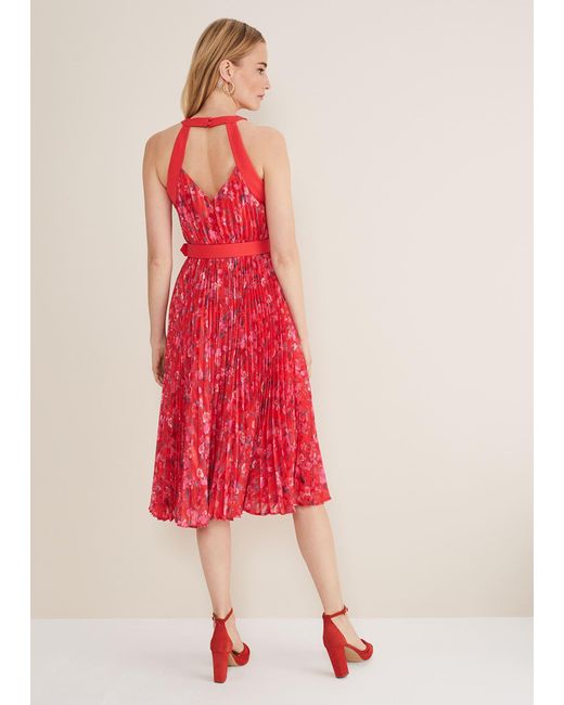 Phase Eight Red Zoya Pleat Midi Floral Dress