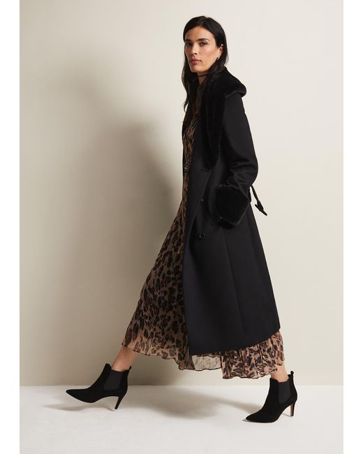 Phase Eight Black 's Zylah Faux Fur Collar Wool Long Coat