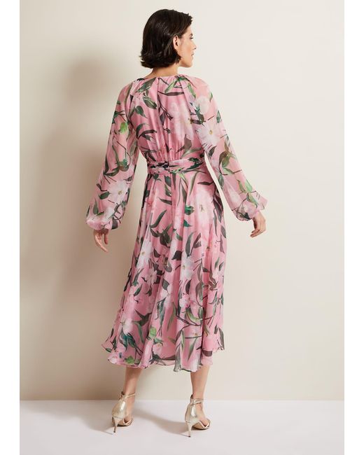 Phase Eight Pink Lina Printed Long Sleeve Midi Dress