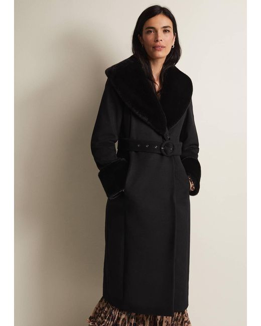 Phase Eight Black 's Zylah Faux Fur Collar Wool Long Coat