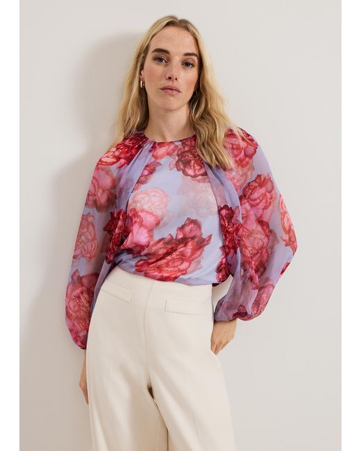 Phase Eight Red Amara Floral Print Silk Blouse