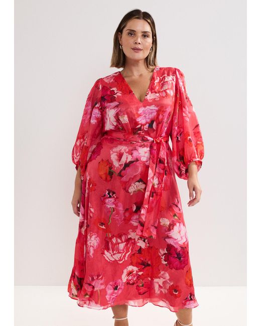 Phase Eight Red Federica Floral Long Sleeve Midi Dress