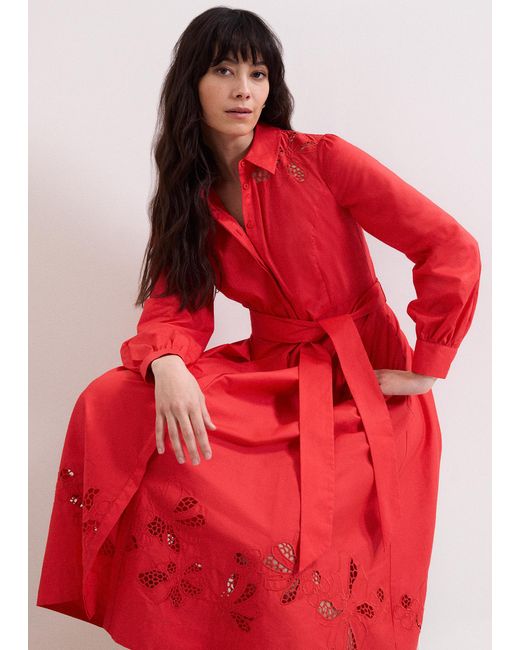 Phase Eight Red Kim Floral Cutwork Shirt Midi Dress