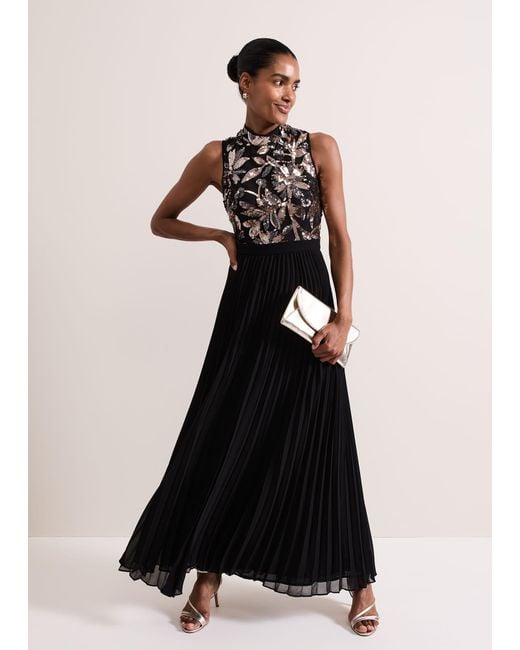 Phase Eight Black Emalise Sequin Pleat Maxi Dress