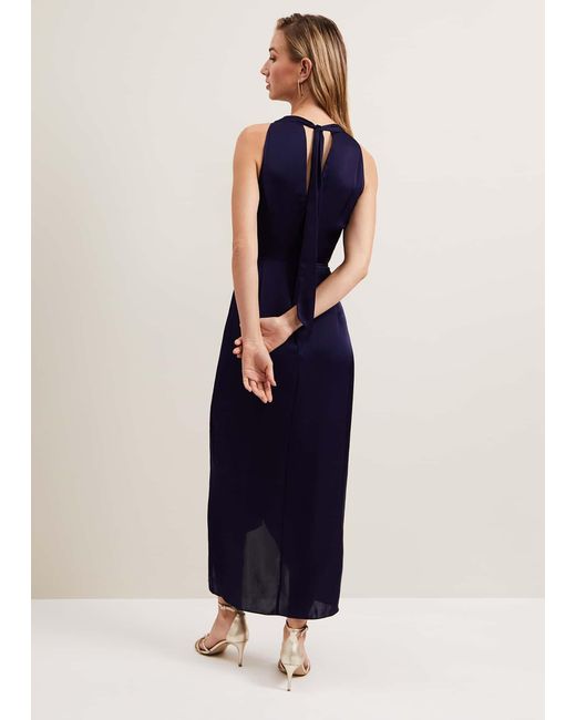 Phase Eight Blue Daliah High Neck Satin Midi Dress