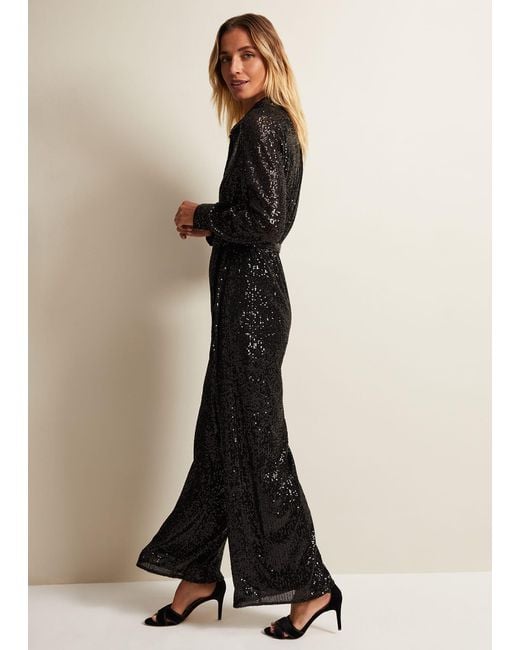 Phase Eight 's Alessandra Black Sequin Shirt Jumpsuit