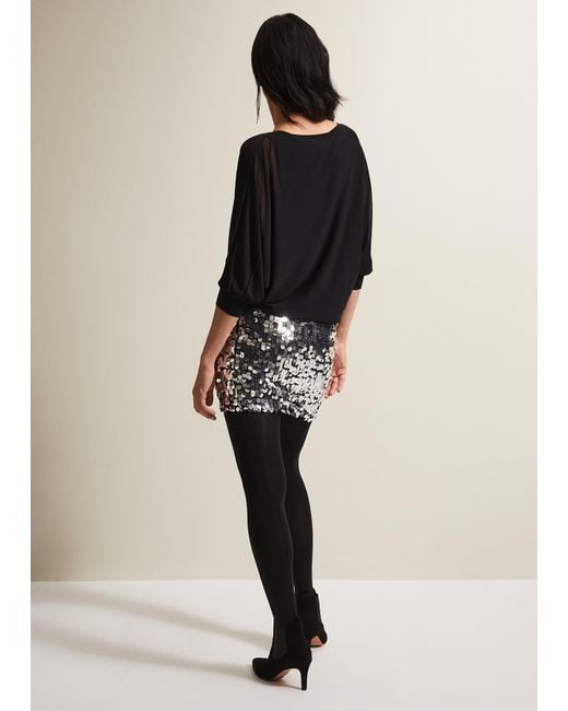 Phase Eight Black 's Becca Silver Sequin Batwing Mini Dress