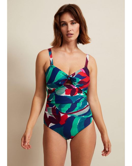 Phase Eight Blue Jungle Palm Print Knot Tie Swimsuit