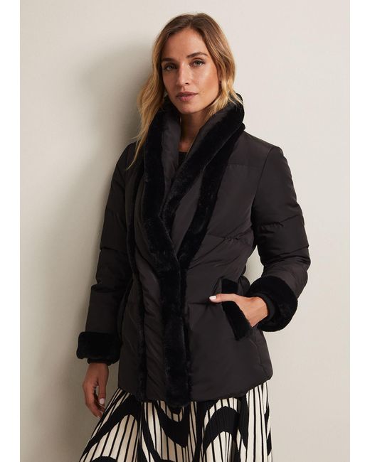 Phase Eight Black Nelle Faux Fur Short Puffer Coat