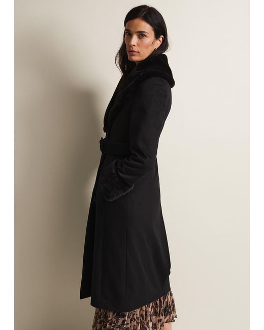 Phase Eight Black 's Zylah Faux Fur Collar Wool Long Coat