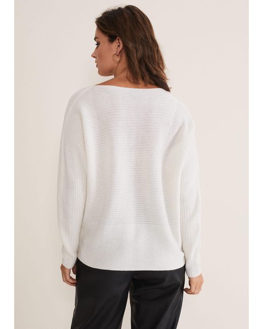 Phase Eight White Isabella Ripple Wool Cashmere Jumper