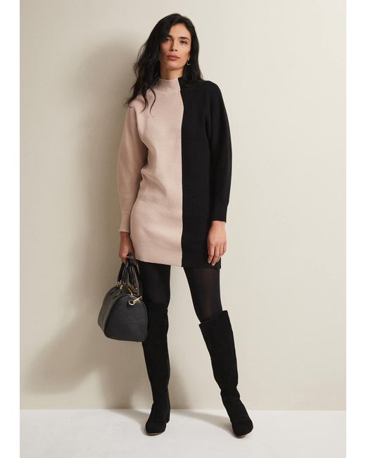 Phase Eight Natural Tamina Colour Block Knitted Tunic Mini Dress