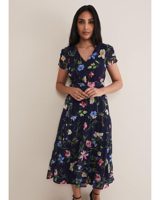 Phase Eight Blue 's Petite Lola Floral Tiered Midi Dress
