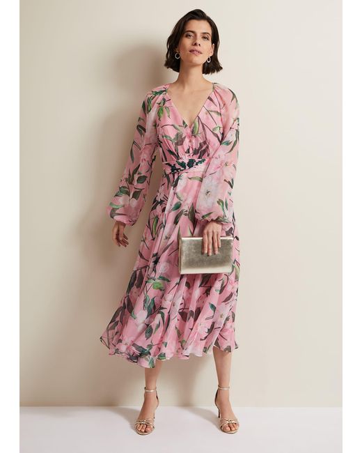 Phase Eight Pink Lina Printed Long Sleeve Midi Dress