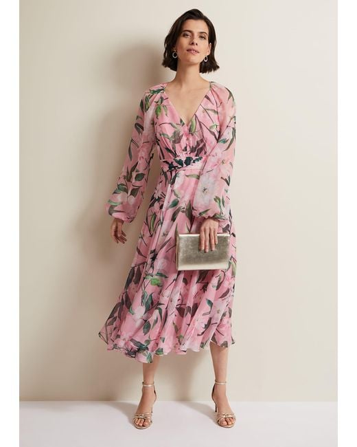 Phase Eight Pink 's Lina Printed Long Sleeve Midi Dress