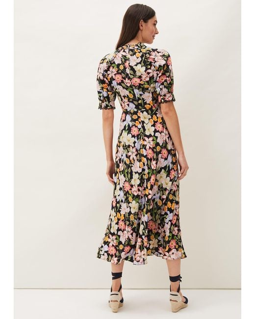 Phase Eight White Penelope Floral Puff Sleeve Midi Dress