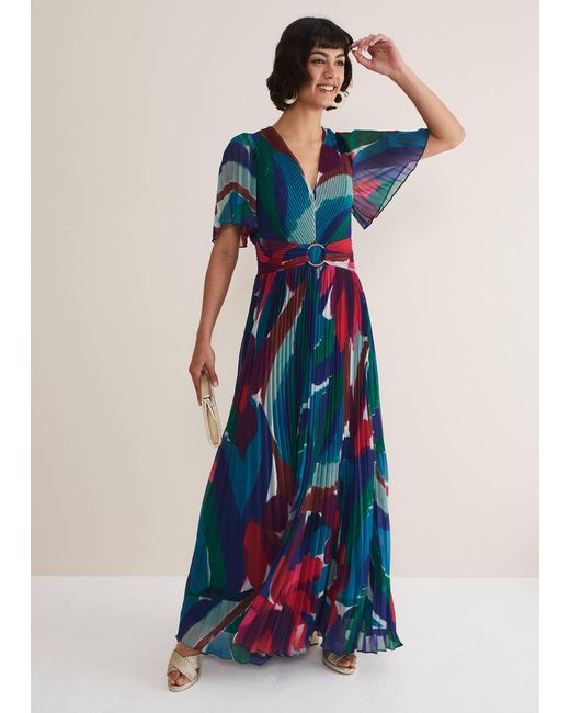 Phase Eight Blue Priscilla Abstract Floral Pleated Maxi Dress