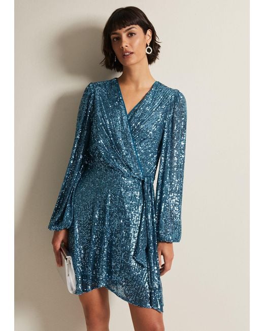 Phase Eight Blue 's Carissa Teal Sequin Wrap Mini Dress