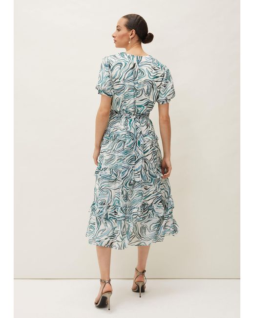 Phase Eight White Iona Swirls Print Tiered Short Sleeved Midi Dress