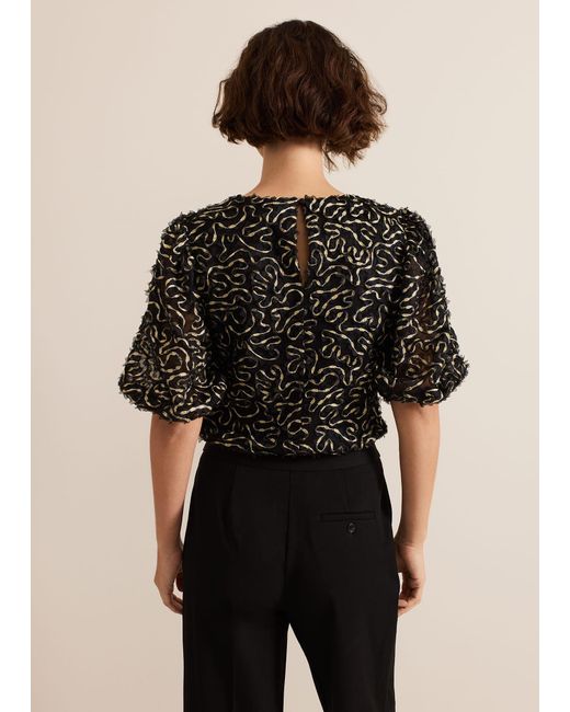 Phase Eight Black Ariella Textured Blouson Sleeve Top