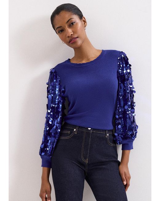 Phase Eight Blue Becky Sequin Sleeve Jumper