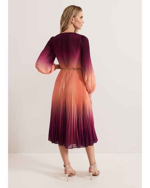 Phase Eight Red Mira Ombre Button Detail Pleat Dress