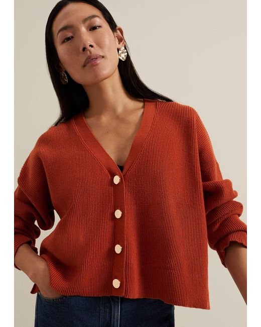 Phase Eight Red Anna Button Ribbed Cardigan