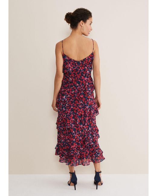 Phase Eight Red Ballie Floral Ruffled Midi Dress