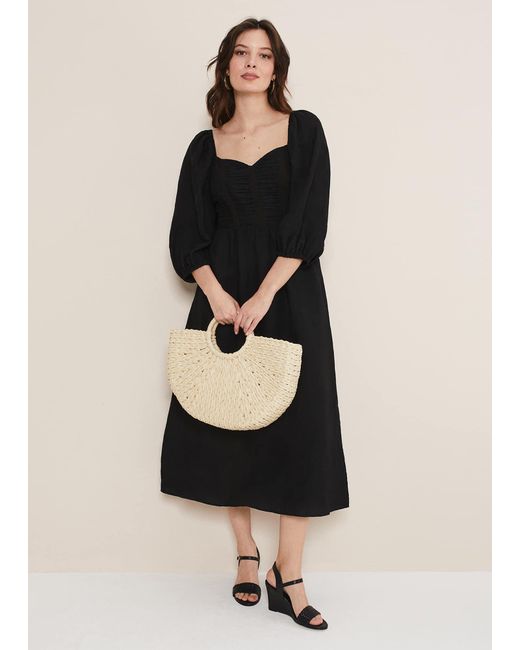 Phase Eight Black Shola Linen Ruched Bodice Dress