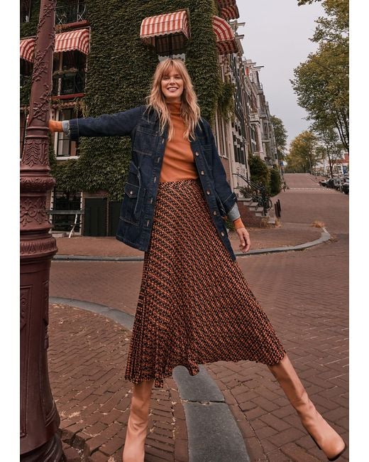 Phase Eight Brown Elmina Pleated Geo Print Midi Skirt