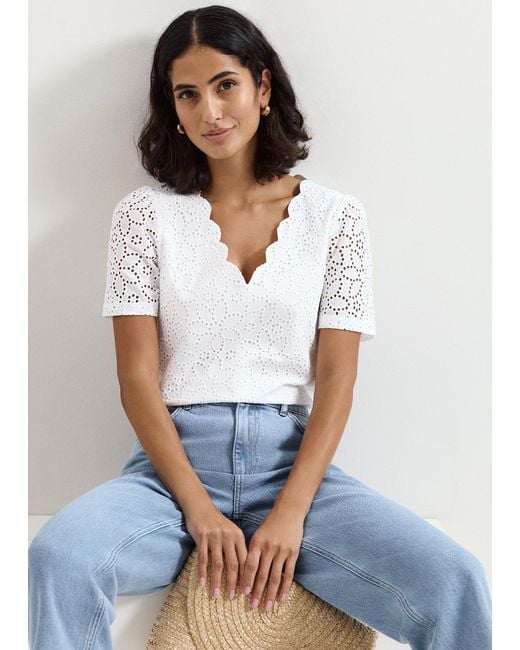 Phase Eight White Freya Broderie Scallop T Shirt