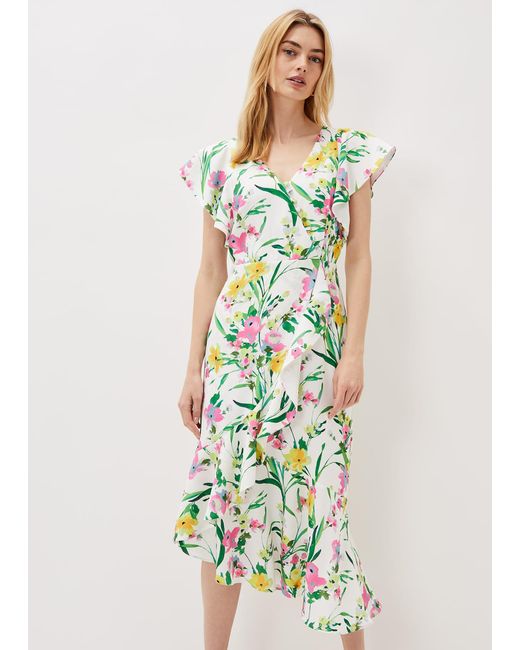 Phase Eight White Evelin Printed Frill Hem Dress