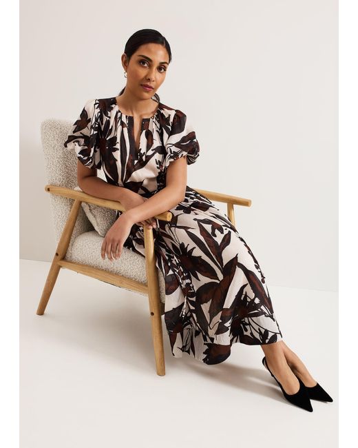 Phase Eight Natural Petite Zarah Printed Puff Sleeve V Neck Midi Dress