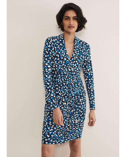 Phase Eight Blue Juno Ruched V Neck Dotty Bodycon Dress