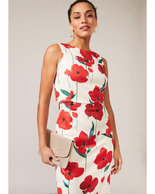 Phase Eight Ivory And Red Fire Lou-poppy Scuba Dress