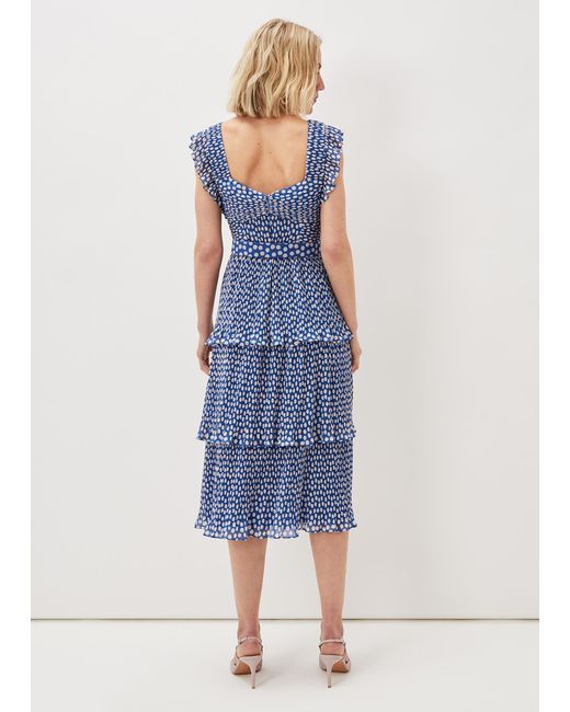 Phase Eight Blue Lisha Spot Pleated Tiered Midi Dress
