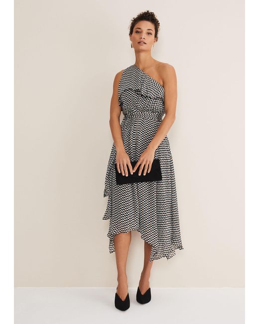 Phase Eight Natural 's Kaz Checked One Shoulder Midi Dress