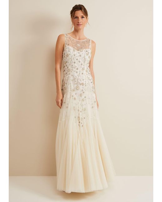 Phase Eight Natural 's Delilah Mesh Embroidered Maxi Wedding Dress