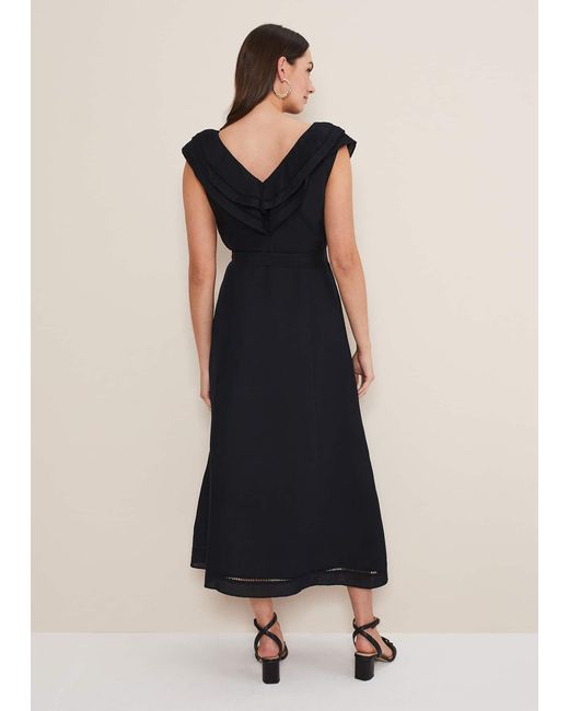 Phase Eight Black Julieta Linen Ruffle Broderie Midi Dress