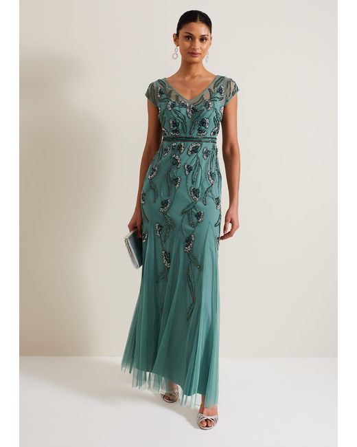 Phase Eight Green 's Bonnie Pleated Wrap Satin Maxi Dress